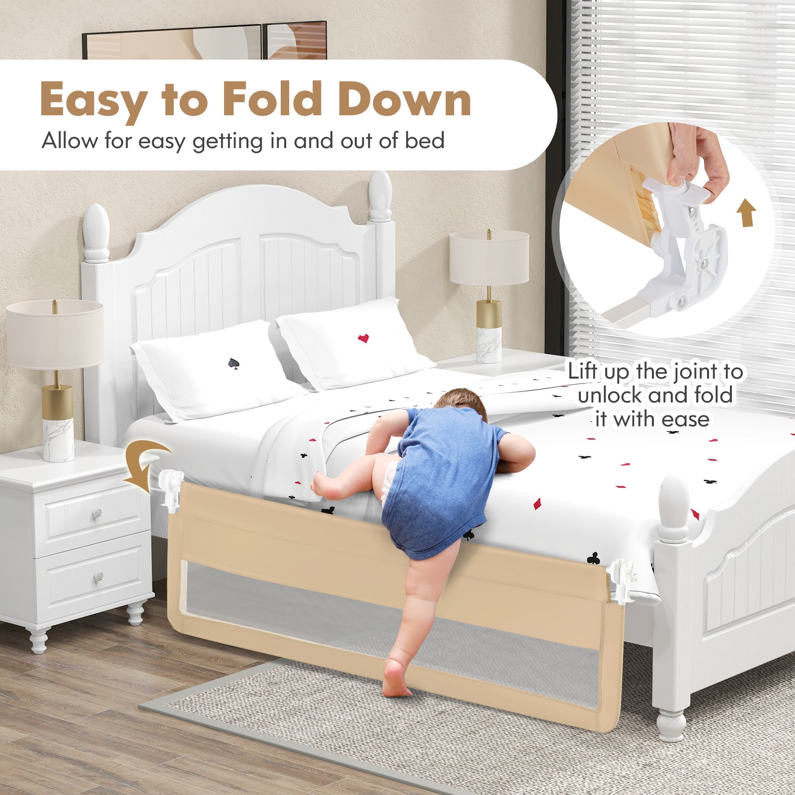 71 Inch Extra Long Swing Down Bed Guardrail with Safety Straps-Beige